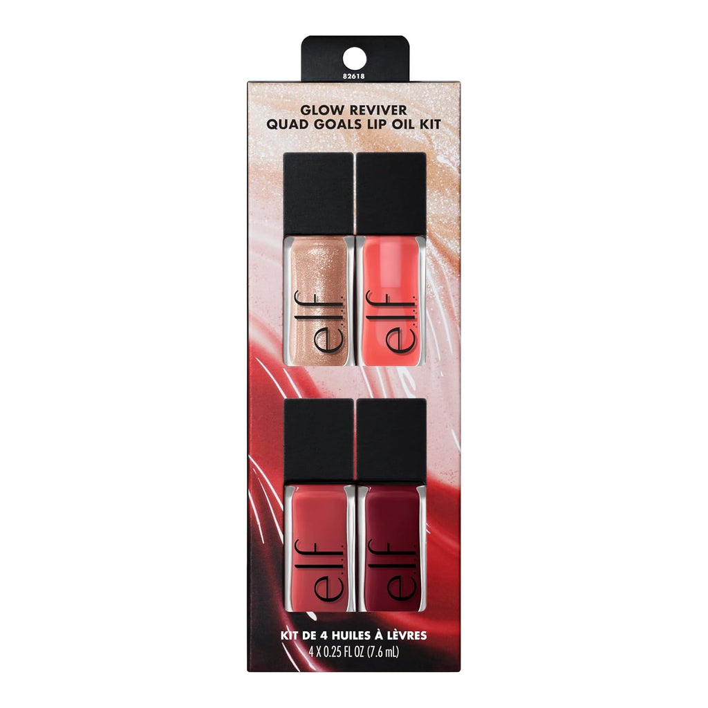 Glow Reviver Quad Goals Lip Oil Collection: Four Hydrating, Non-Sticky Tinted Lip Oils for Moisturizing Lip Care, Vegan and Cruelty-Free