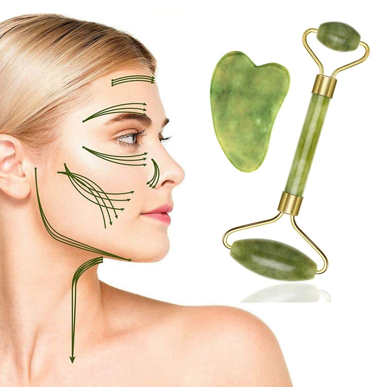 Jade Facial Roller and Gua Sha Set - Lymphatic Drainage Tool for Enhanced Skin Tightening, Wrinkle Reduction, and Fine Line Minimization for Face, Eyes, Neck, and Body