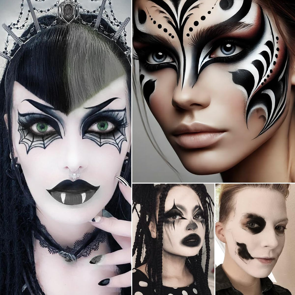 Black and White Makeup Palette - Pressed Setting Powder and Gothic Foundation & Eyeshadow Kit for Smokey Eyes, High-Pigment Face Paint for Skeleton Cosplay and Costume Looks