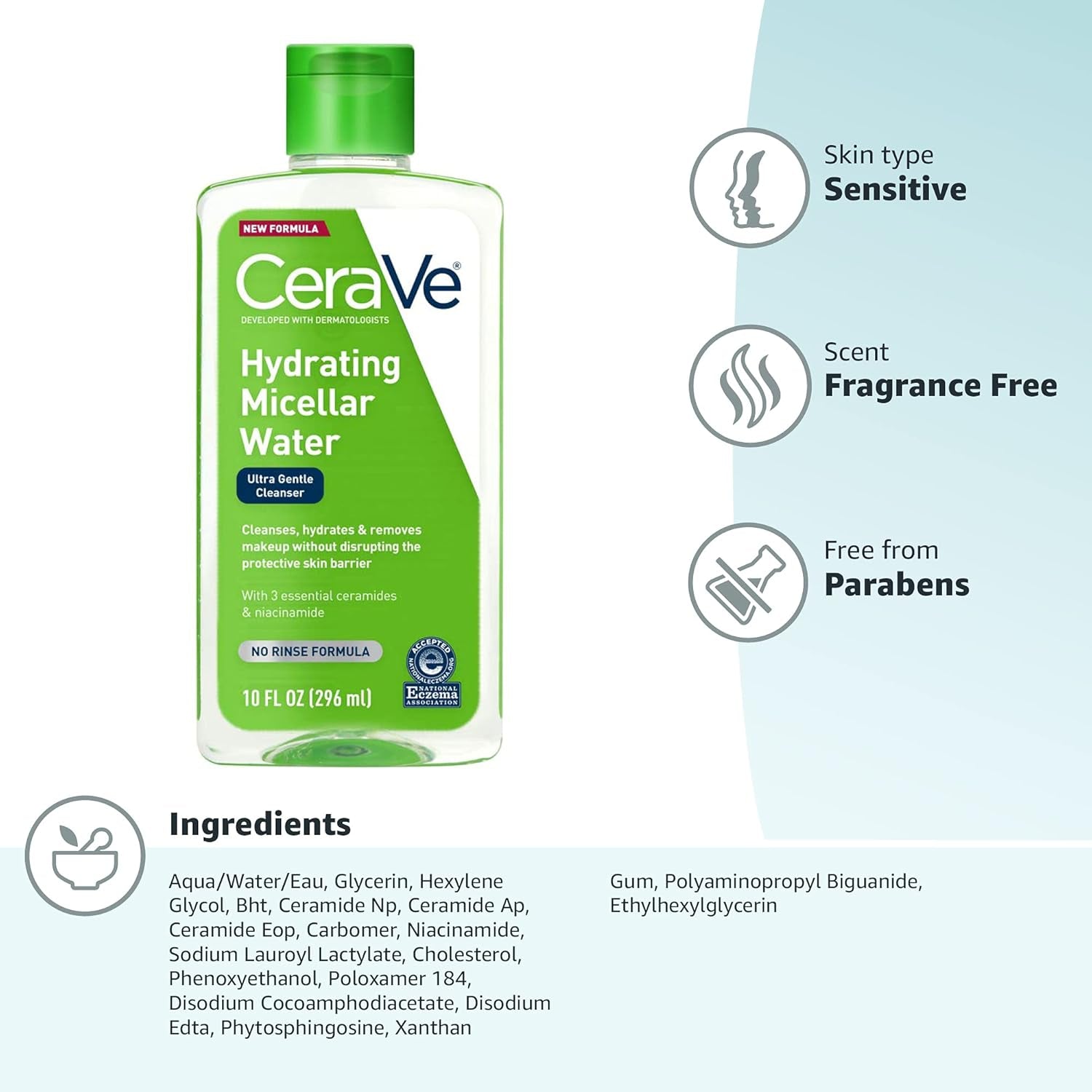 Hydrating Micellar Water Facial Cleanser and Eye Makeup Remover with Niacinamide, Ceramides, and Glycerin, Fragrance-Free and Non-Irritating, 10 Fluid Ounces