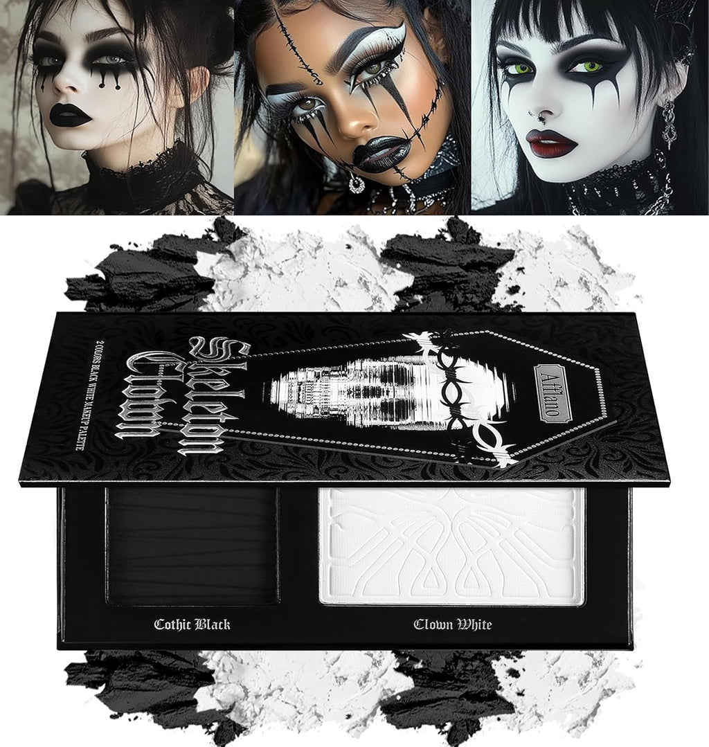 Black and White Makeup Palette - Pressed Setting Powder and Gothic Foundation & Eyeshadow Kit for Smokey Eyes, High-Pigment Face Paint for Skeleton Cosplay and Costume Looks