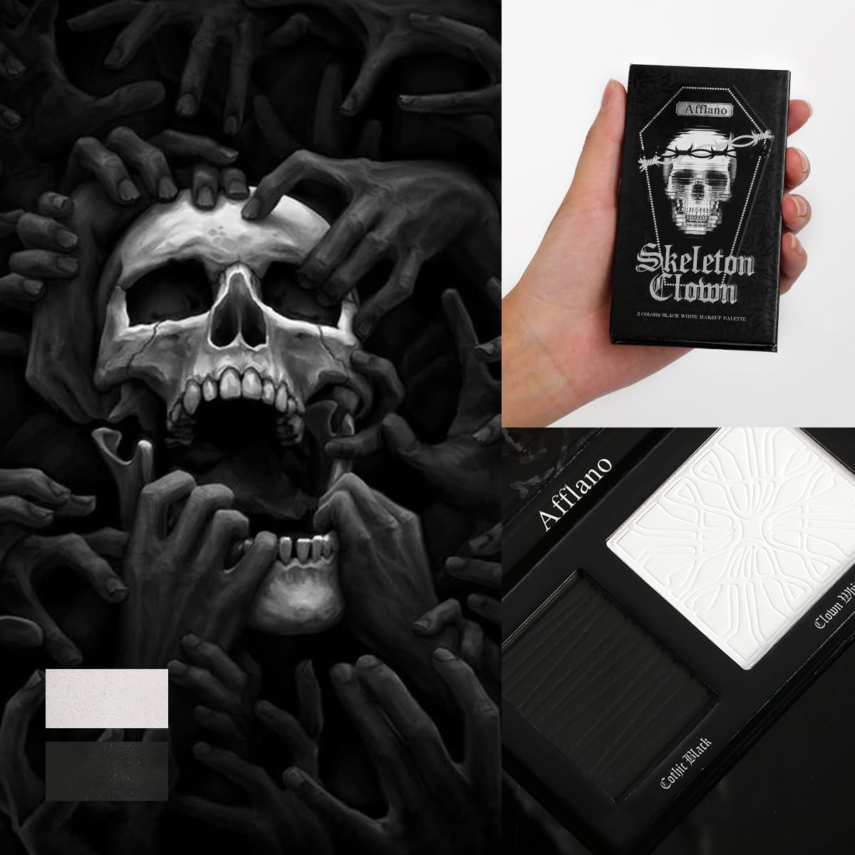 Black and White Makeup Palette - Pressed Setting Powder and Gothic Foundation & Eyeshadow Kit for Smokey Eyes, High-Pigment Face Paint for Skeleton Cosplay and Costume Looks