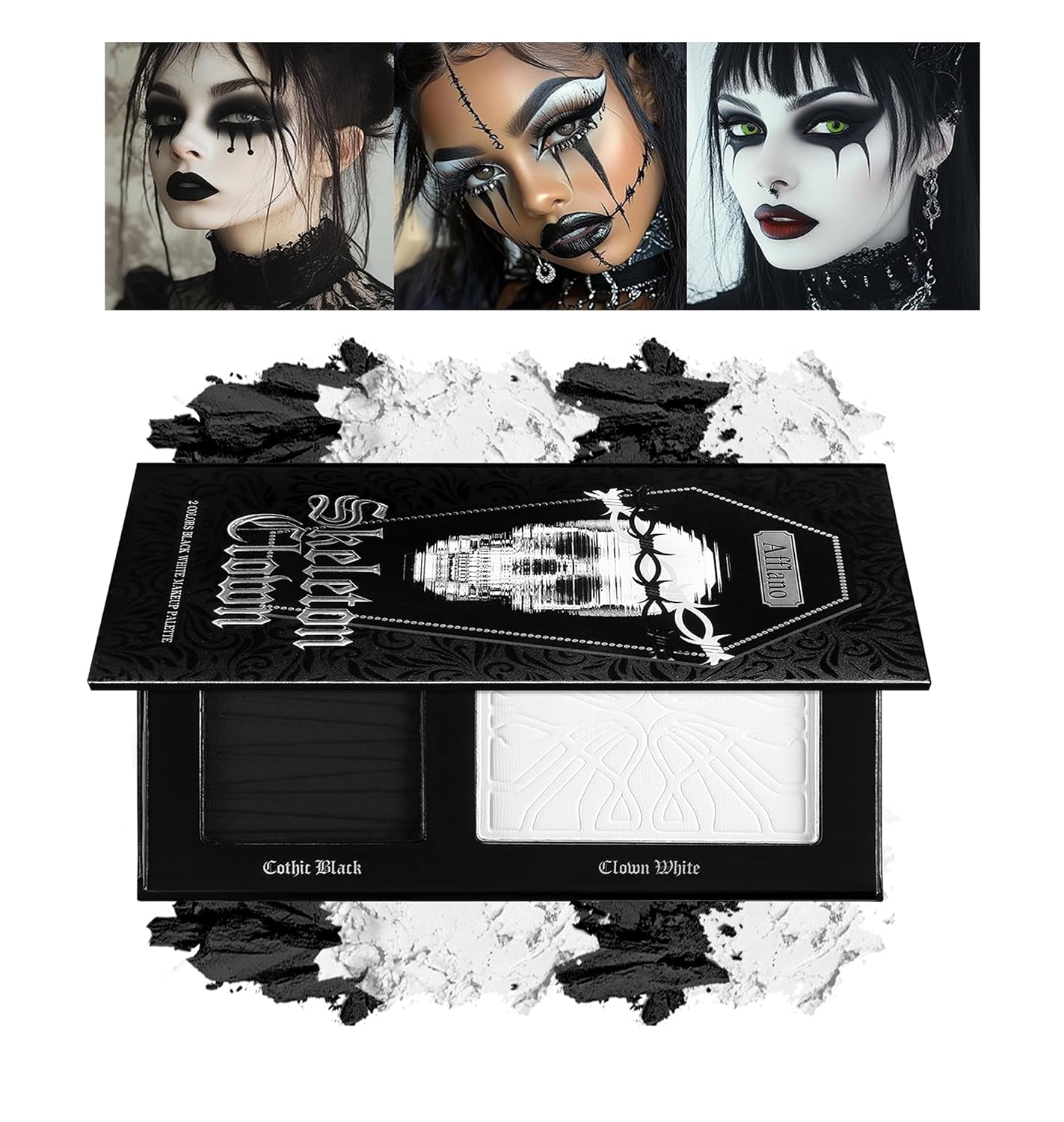 Black and White Makeup Palette - Pressed Setting Powder and Gothic Foundation & Eyeshadow Kit for Smokey Eyes, High-Pigment Face Paint for Skeleton Cosplay and Costume Looks