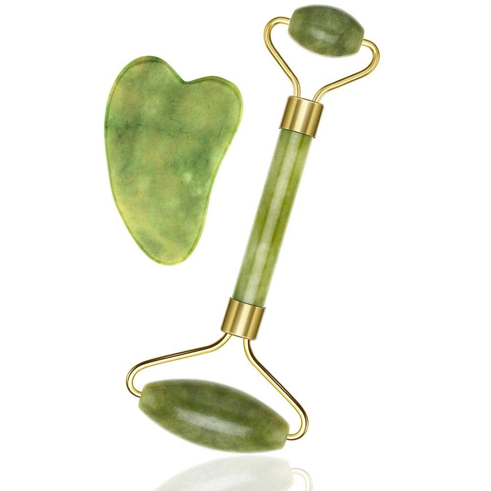 Jade Facial Roller and Gua Sha Set - Lymphatic Drainage Tool for Enhanced Skin Tightening, Wrinkle Reduction, and Fine Line Minimization for Face, Eyes, Neck, and Body