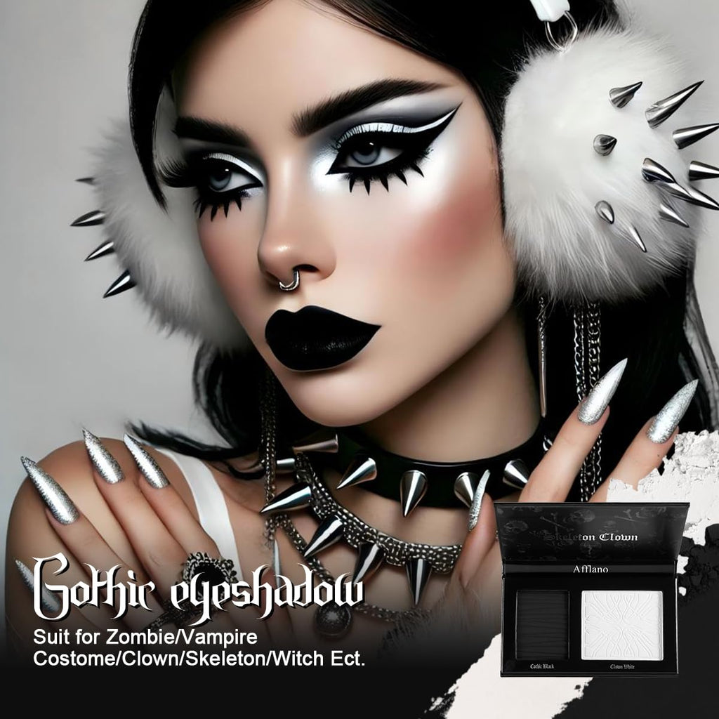 Black and White Makeup Palette - Pressed Setting Powder and Gothic Foundation & Eyeshadow Kit for Smokey Eyes, High-Pigment Face Paint for Skeleton Cosplay and Costume Looks