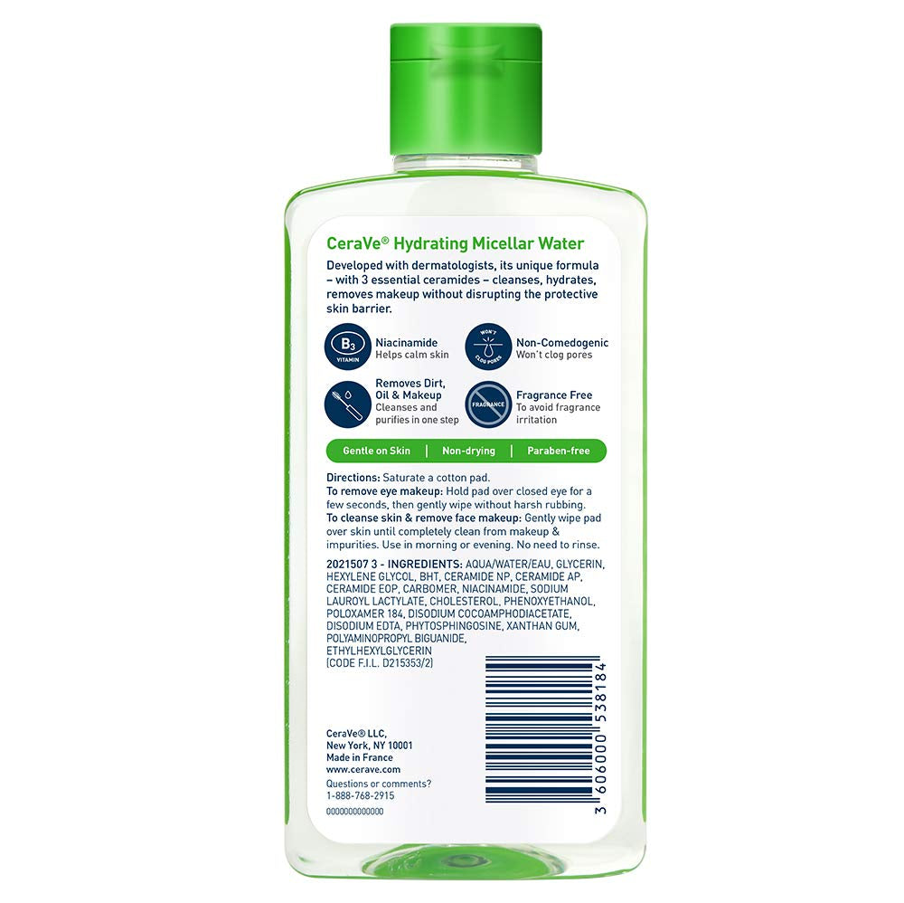 Hydrating Micellar Water Facial Cleanser and Eye Makeup Remover with Niacinamide, Ceramides, and Glycerin, Fragrance-Free and Non-Irritating, 10 Fluid Ounces