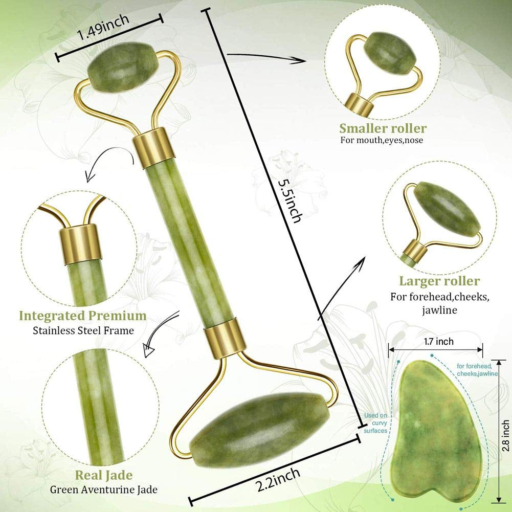Jade Facial Roller and Gua Sha Set - Lymphatic Drainage Tool for Enhanced Skin Tightening, Wrinkle Reduction, and Fine Line Minimization for Face, Eyes, Neck, and Body