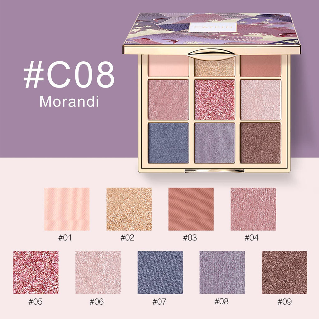 C08 Morandi Eyeshadow Palette - 9 Blendable Shades, Long-Lasting Matte and Glitter Finish, Highly Pigmented Eye Makeup