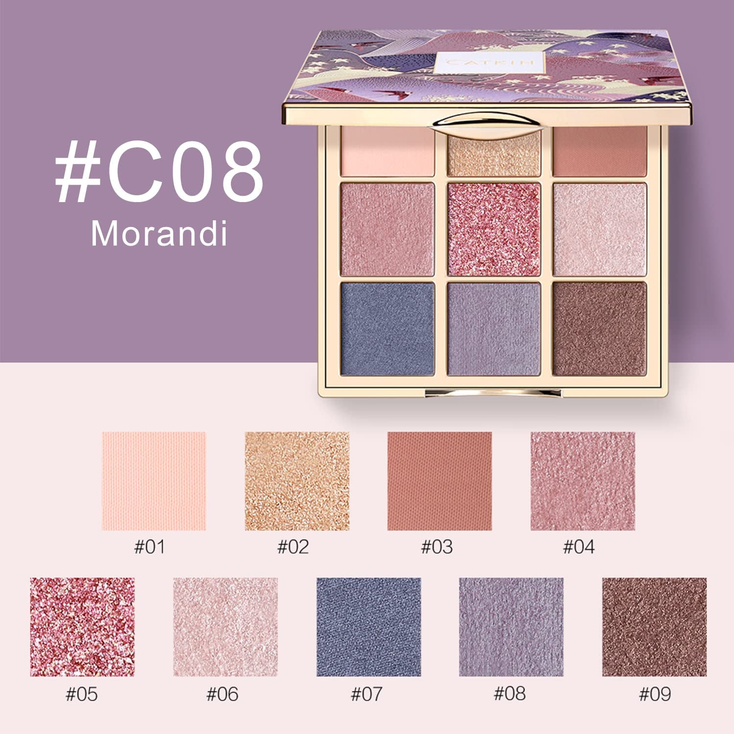 C08 Morandi Eyeshadow Palette - 9 Blendable Shades, Long-Lasting Matte and Glitter Finish, Highly Pigmented Eye Makeup