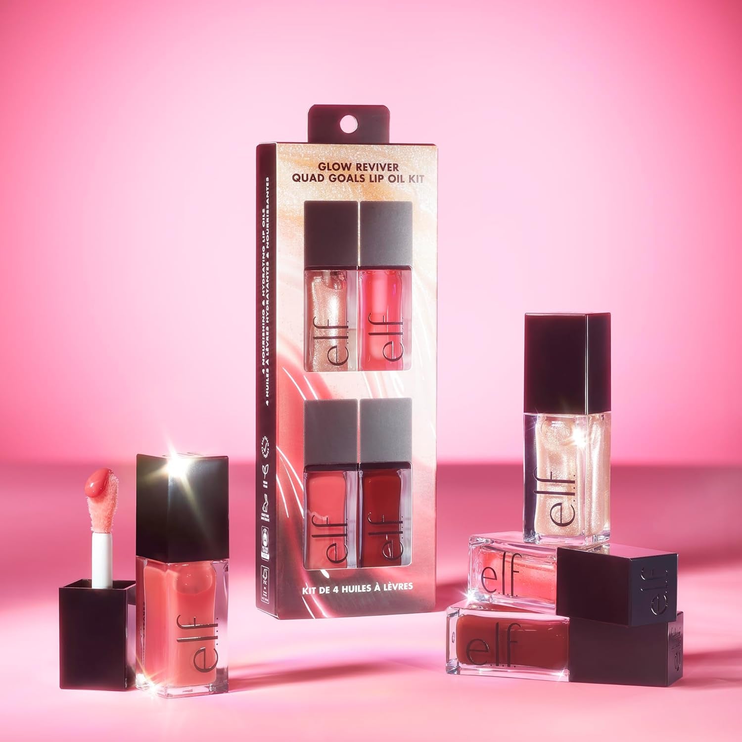 Glow Reviver Quad Goals Lip Oil Collection: Four Hydrating, Non-Sticky Tinted Lip Oils for Moisturizing Lip Care, Vegan and Cruelty-Free